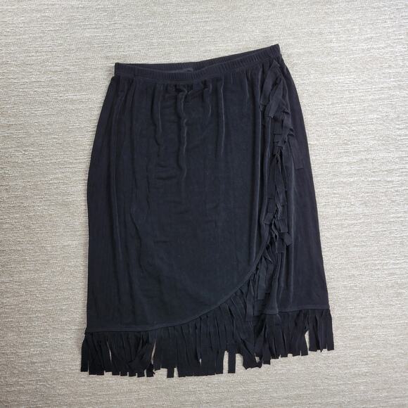 Chicos Travelers Fringe Skirt Womens XL Black Ribbed Faux Wrap Slinky Rodeo - Picture 5 of 10